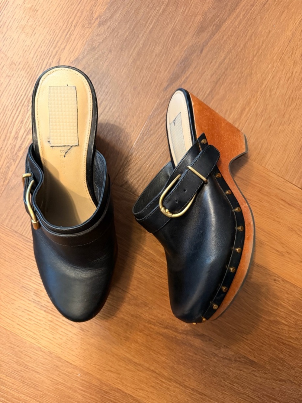 Veronica Beard Leather Platform Clog Mules Womenโs 8 Black Studded Wood Heel